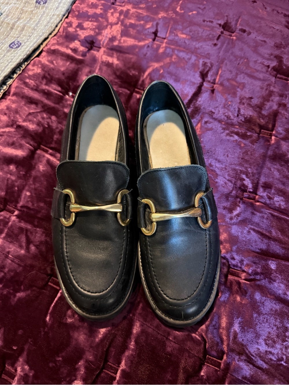 Steve Madden Black Leather Platform Loafers with Gold Bit Super Comfortable